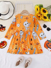 1pc Girls Casual Halloween Ghost Spider Pumpkin Candy Print Soft Knit Long Sleeve Dress, Autumn/Winter